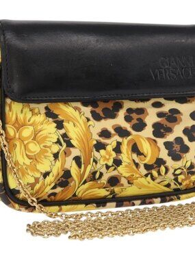 Authentic Gianni Versace Chain Shoulder Bag PVC Canvas Yellow Black gold